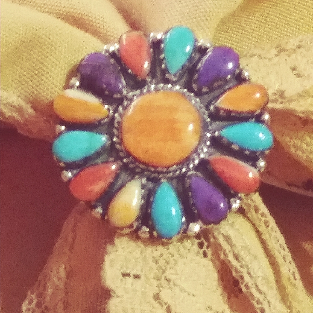 MULTI TURQUOISE FLOWER MOTIF RING. SIZE-6 (R-1504752)